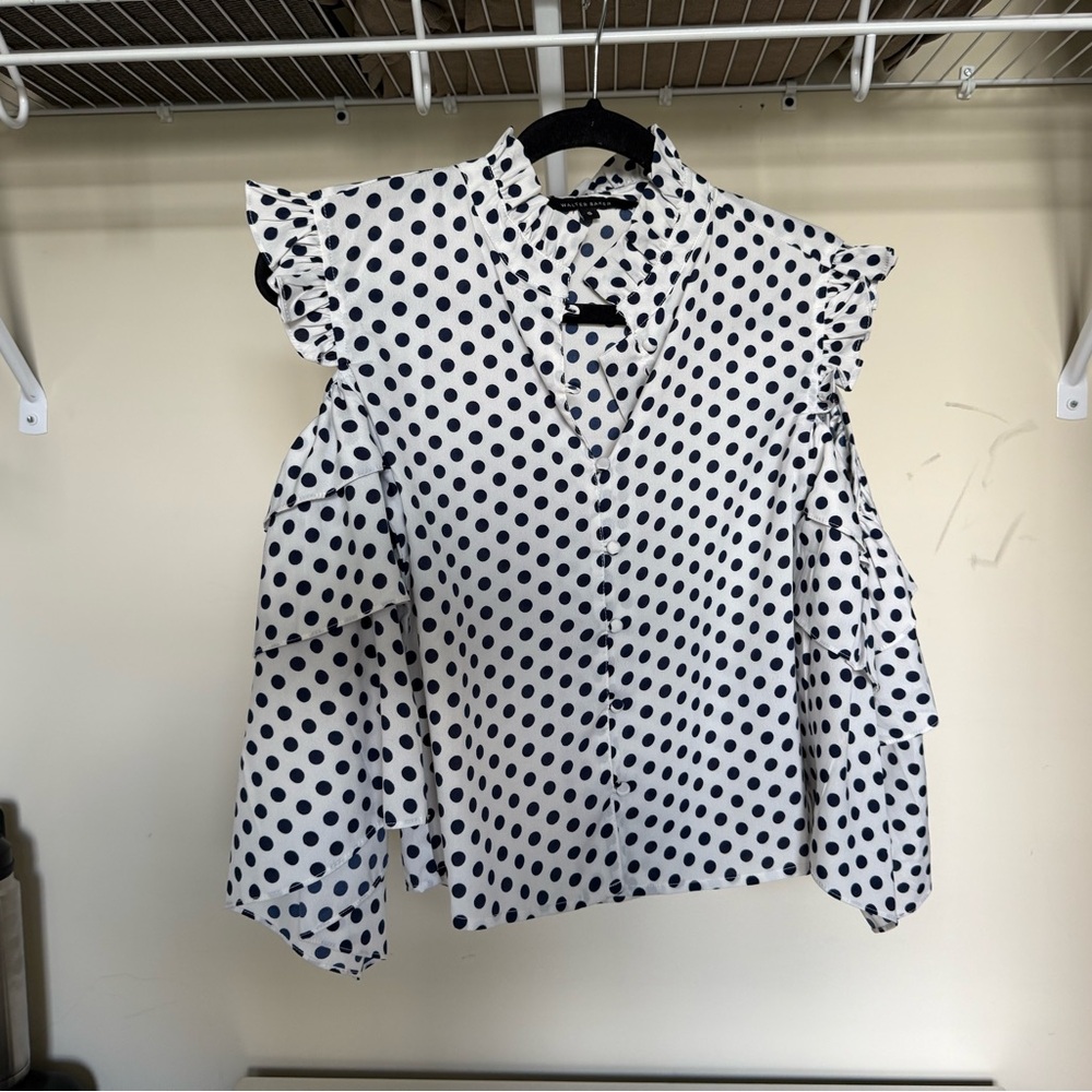 Navy Polka Dot Ruffle Sleeve Blouse